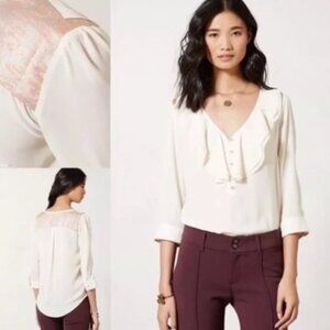 Anthropologie HD in Paris "Elinor" Cream Ruffled Pink Gold Brocade Blouse